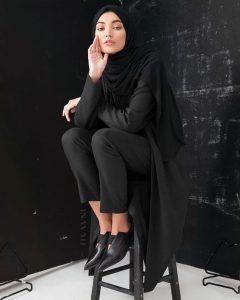 Charcoal Jersey Blazer Black Rayon Blend Jersey Hijab Black Straight Leg Trousers