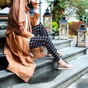 Plaid pants and camel coat
