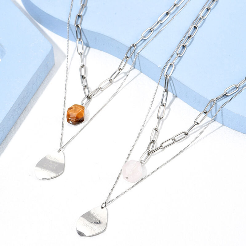 Jeulia "You Are Loved" Chain Design Double Layer Natural Rose Quartz Necklace