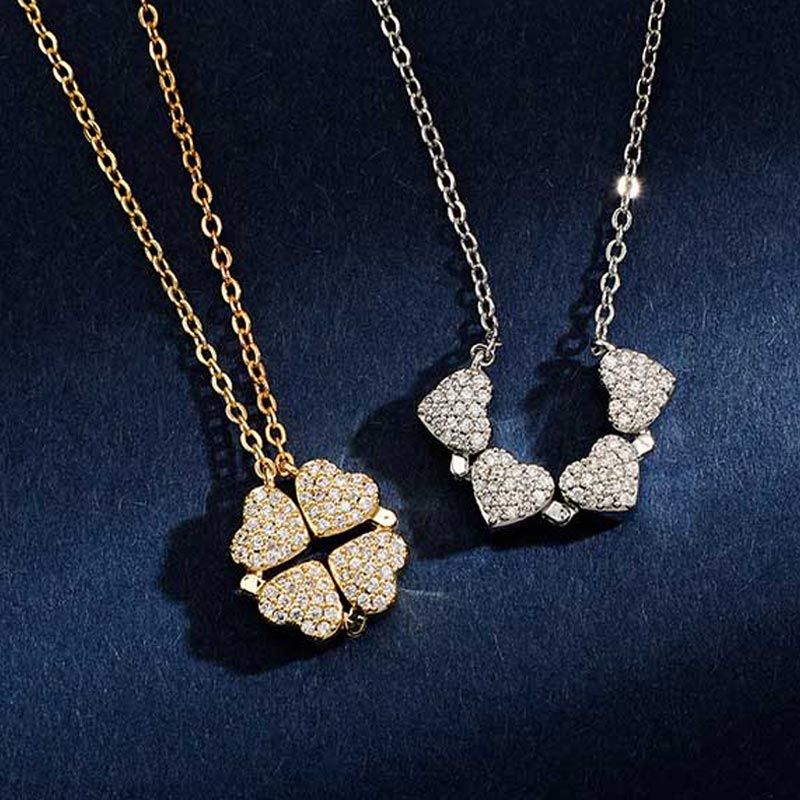 Helloice Micro Pave Magnetic Four-Heart Clover Deformed Necklace