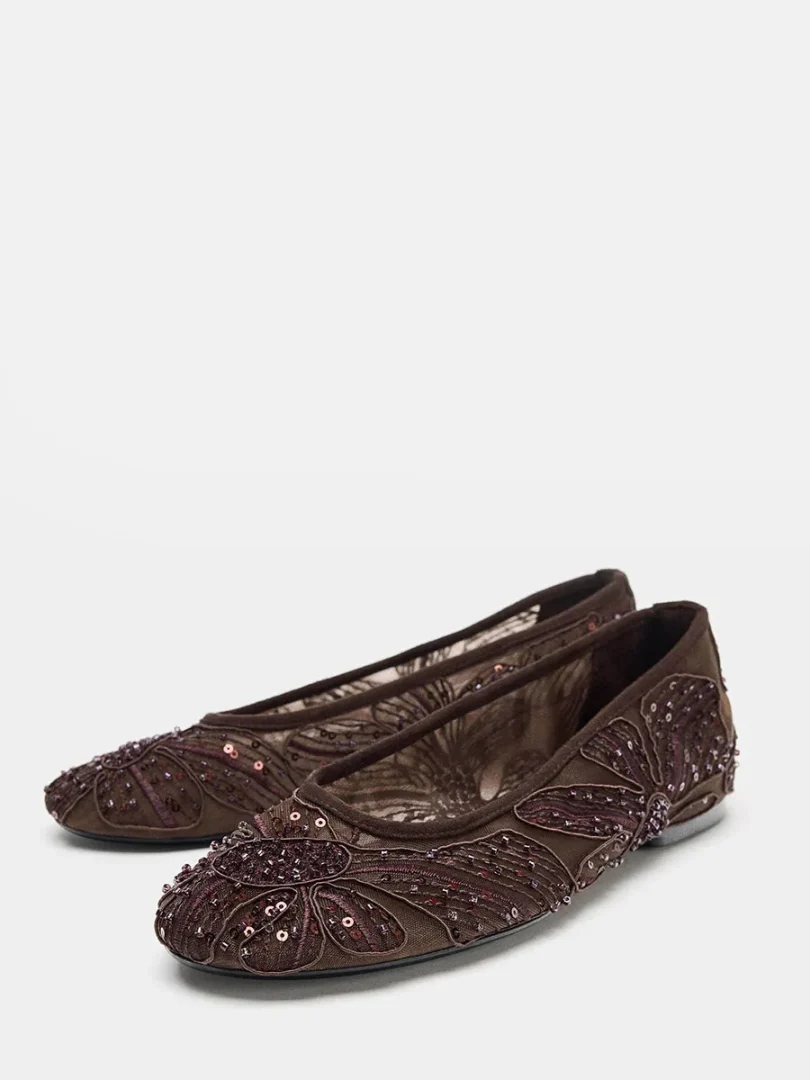 Women’s Brown Mesh Round Toe Embroidered Beaded Sequin Ballet Flats Shoes
