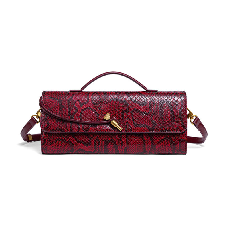Women's Vegan Leather Snakeskin Lock Crossbody Strap Top Handle Baguette Bag - Red